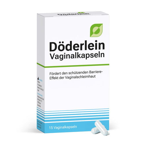 Eine weiße Schachtel mit der Aufschrift "Döderlein® Vaginalkapseln" von Döderlein Shop mit grünen und blauen Akzenten und zwei weißen Kapseln auf der Vorderseite. Text hebt "Befeuchtung" und Unterstützung der "Schutzbarriere der Vaginalschleimhaut" hervor. Enthält 15 Kapseln.