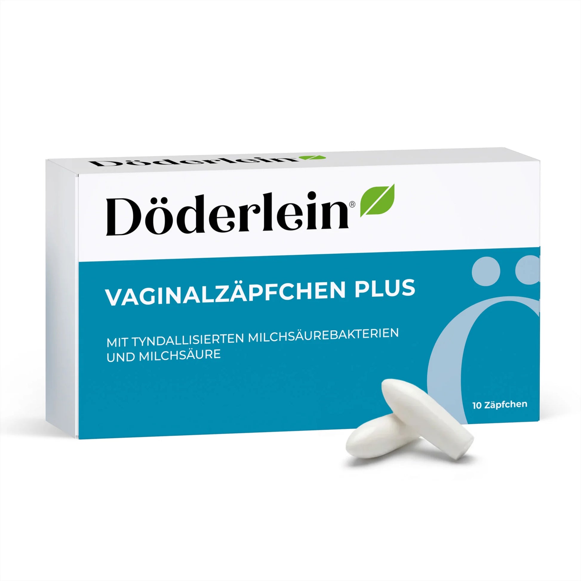 Eine Schachtel Döderlein® Vaginalzäpfchen aus dem Döderlein Shop, mit zwei weißen Zäpfchen auf der Vorderseite. Die weiß-grüne Verpackung zeigt einen deutschen Text und ein Blatt-Logo und enthält 10 Vaginalzäpfchen mit Milchsäurebakterien.