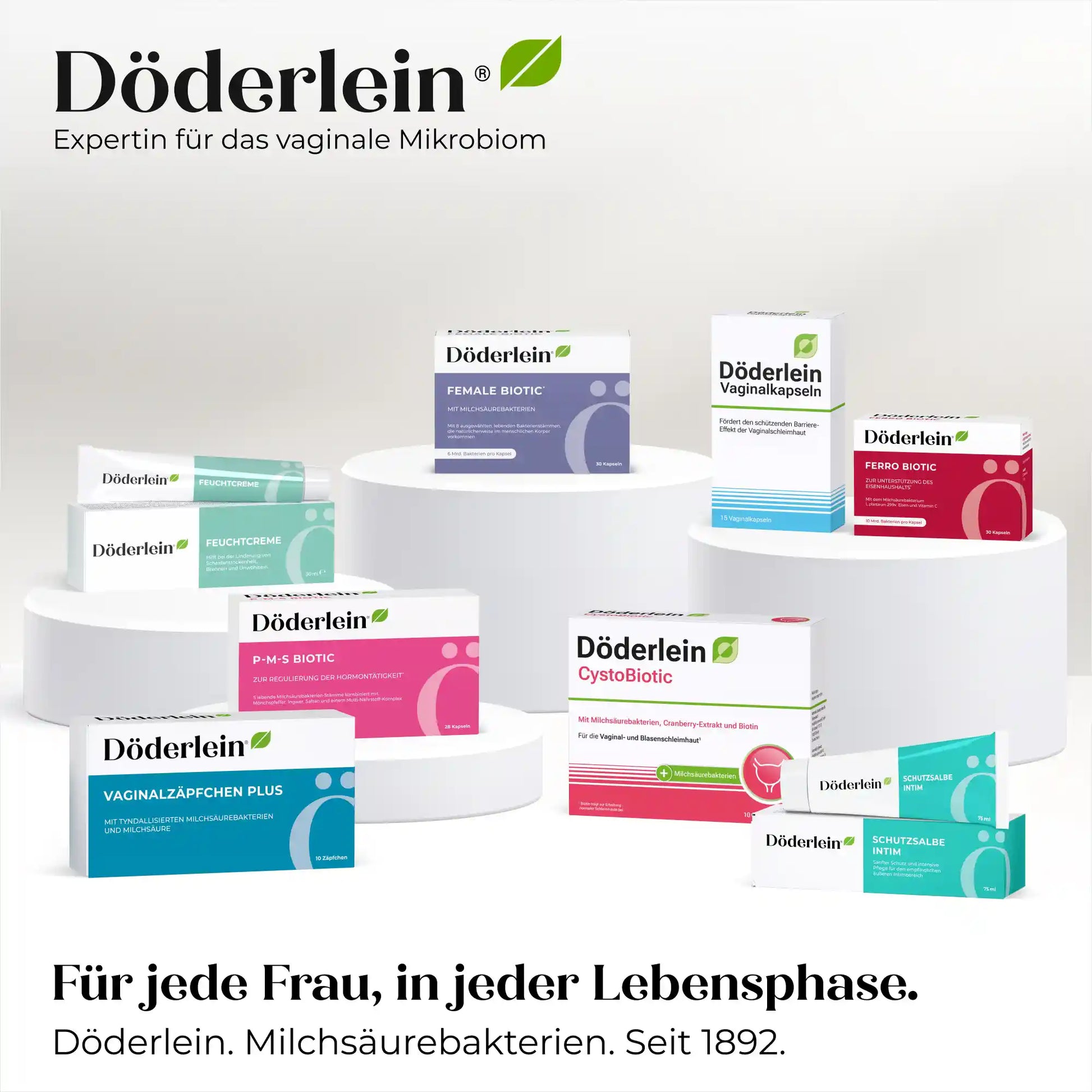 Döderlein® Vaginalzäpfchen aus dem Döderlein Shop für vaginales Gleichgewicht werden auf weißen Podesten präsentiert. Das sichtbare Branding lautet: Für jede Frau, in jeder Lebensphase. Döderlein. Milchsäurebakterien. Seit 1892.