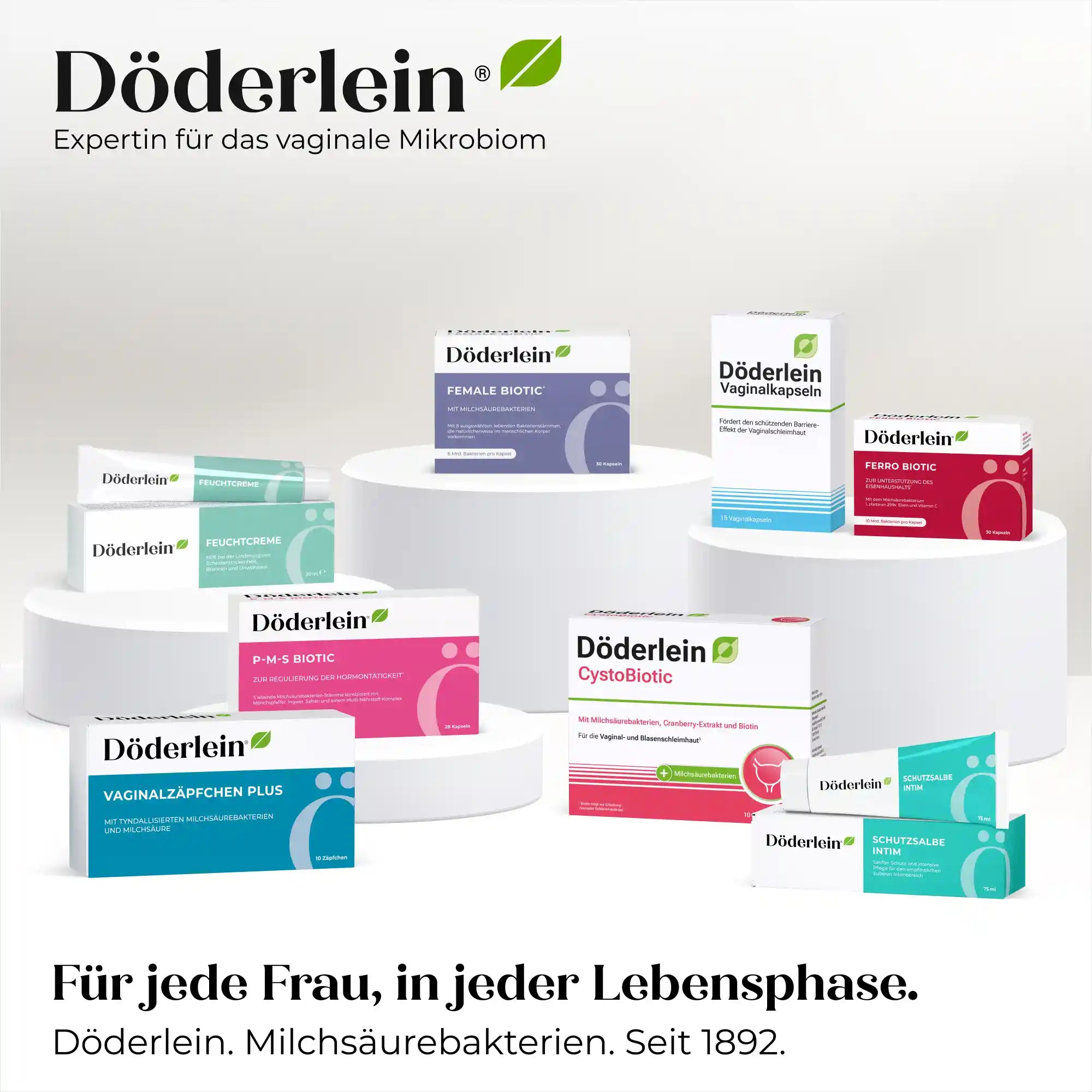 Döderlein® Vaginalzäpfchen aus dem Döderlein Shop für vaginales Gleichgewicht werden auf weißen Podesten präsentiert. Das sichtbare Branding lautet: Für jede Frau, in jeder Lebensphase. Döderlein. Milchsäurebakterien. Seit 1892.