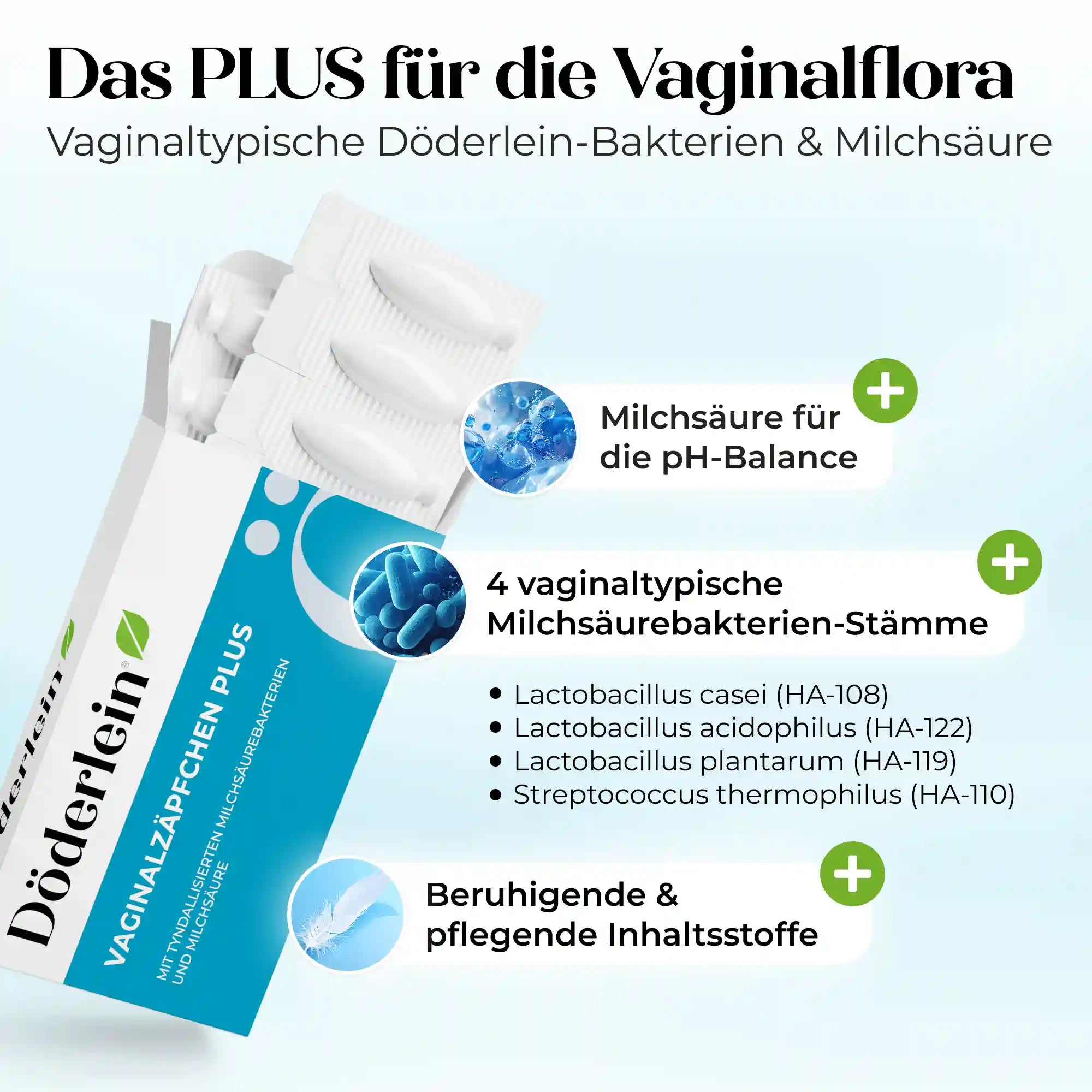 Verpackung von Döderlein® Vaginalzäpfchen aus dem Döderlein Shop, teilweise geöffnet, um vier weiße Zäpfchen zu zeigen. Der deutsche Text und die Piktogramme heben Milchsäurebakterien für das vaginale Gleichgewicht, Milchsäure für den pH-Wert und beruhigende Inhaltsstoffe hervor.