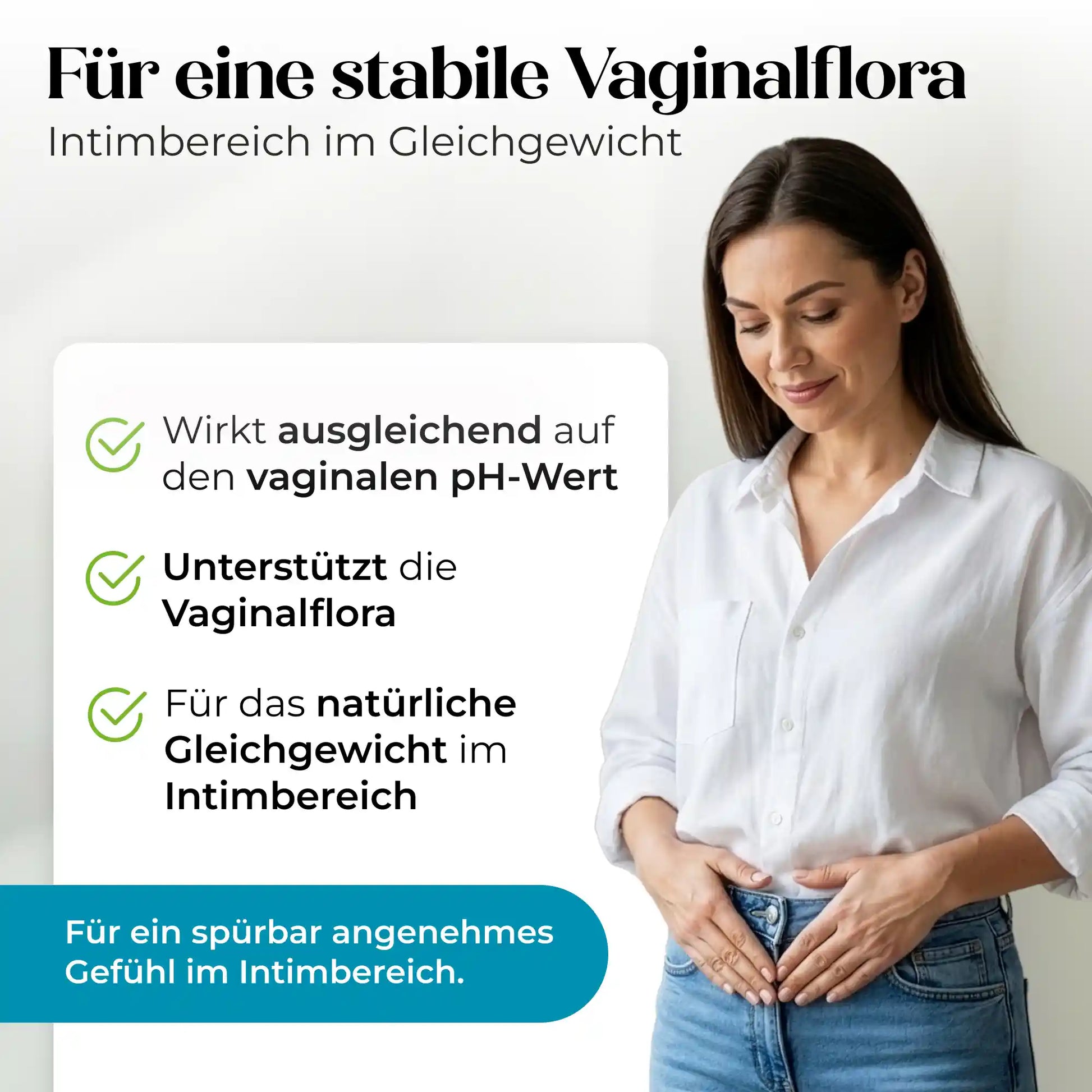 Eine Frau lächelt und formt mit ihren Händen ein Herz über ihrem Unterleib. Der Text verdeutlicht, wie Döderlein® Vaginalzäpfchen aus dem Döderlein Shop das vaginale Gleichgewicht erhalten und den pH-Wert ausgleichen.