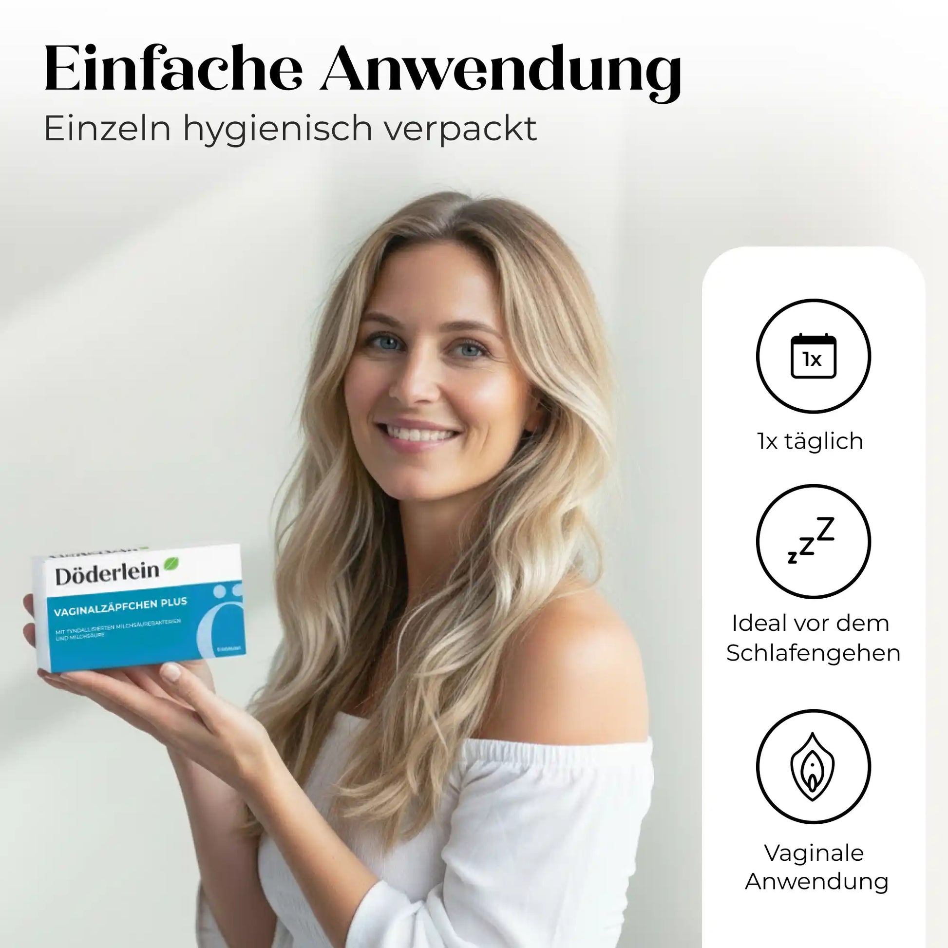Eine lächelnde Frau mit langen blonden Haaren hält eine Schachtel mit Döderlein® Vaginalzäpfchen von Döderlein Shop. Neben ihr sind Icons zu sehen: 1x täglich, ideal vor dem Schlafengehen, vaginale Anwendung - für das Gleichgewicht mit Milchsäurebakterien.