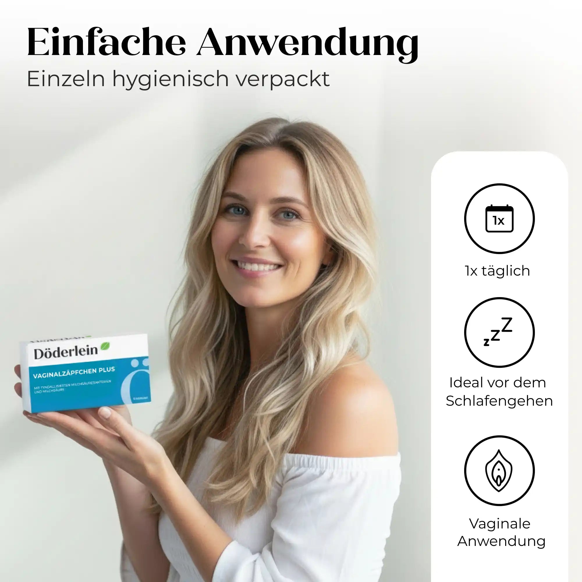 Eine lächelnde Frau mit langen blonden Haaren hält eine Schachtel mit Döderlein® Vaginalzäpfchen von Döderlein Shop. Neben ihr sind Icons zu sehen: 1x täglich, ideal vor dem Schlafengehen, vaginale Anwendung - für das Gleichgewicht mit Milchsäurebakterien.