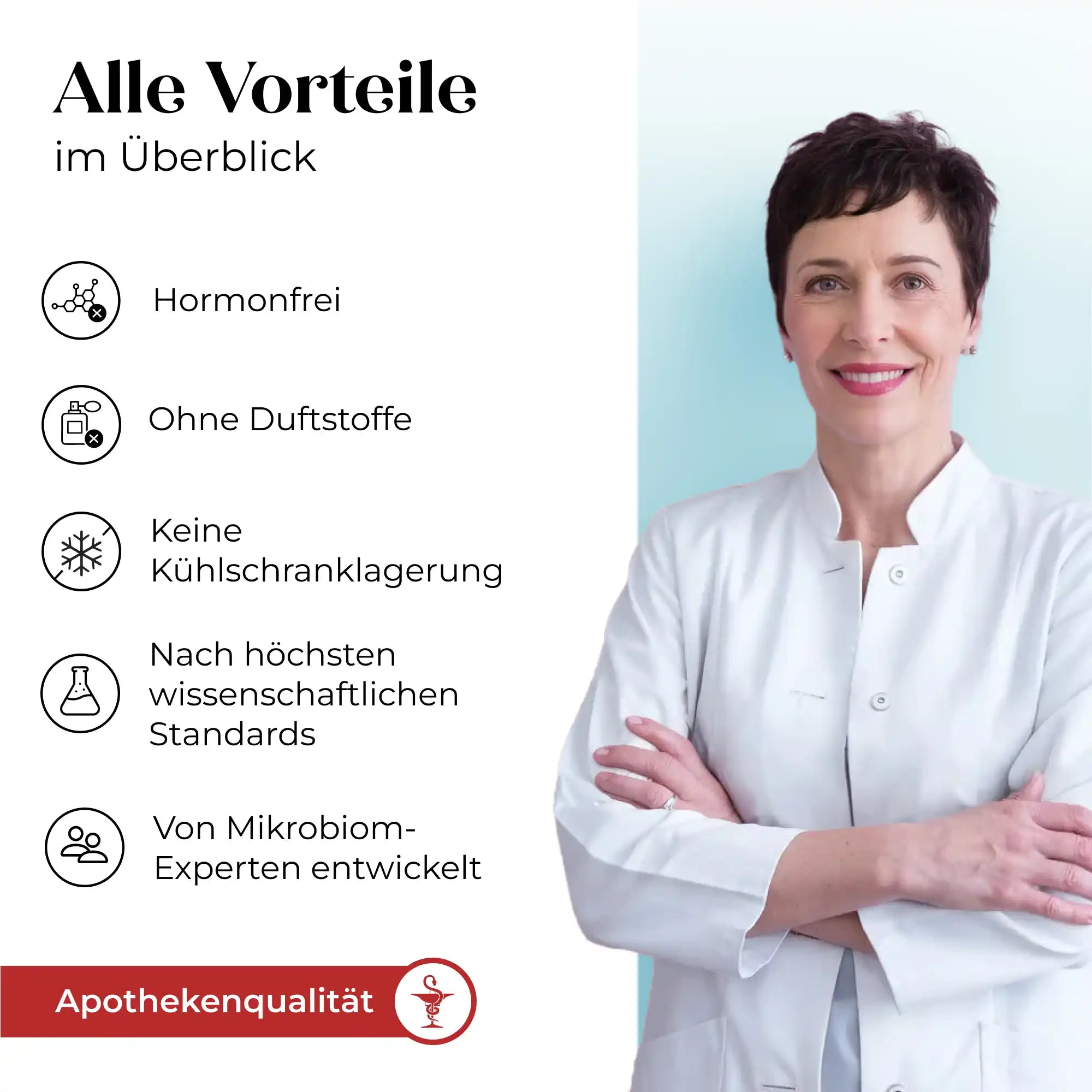 Eine Frau in einem weißen Laborkittel steht lächelnd mit verschränkten Armen da. Neben ihr listet ein deutscher Text die Vorteile von Döderlein® Vaginalzäpfchen auf: hormonfrei, parfümfrei, enthält Milchsäurebakterien, unterstützt vaginales Gleichgewicht (Döderlein Shop).