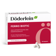 Foto von Döderlein Ferro Biotic Packung mit 30 Kapseln, dieses Eisenpräparat unterstützt die Eisenaufnahme und enthält den Milchsäurebakterienstamm LP299V, für den Nährstoff Bedarf von Frauen entwickelt