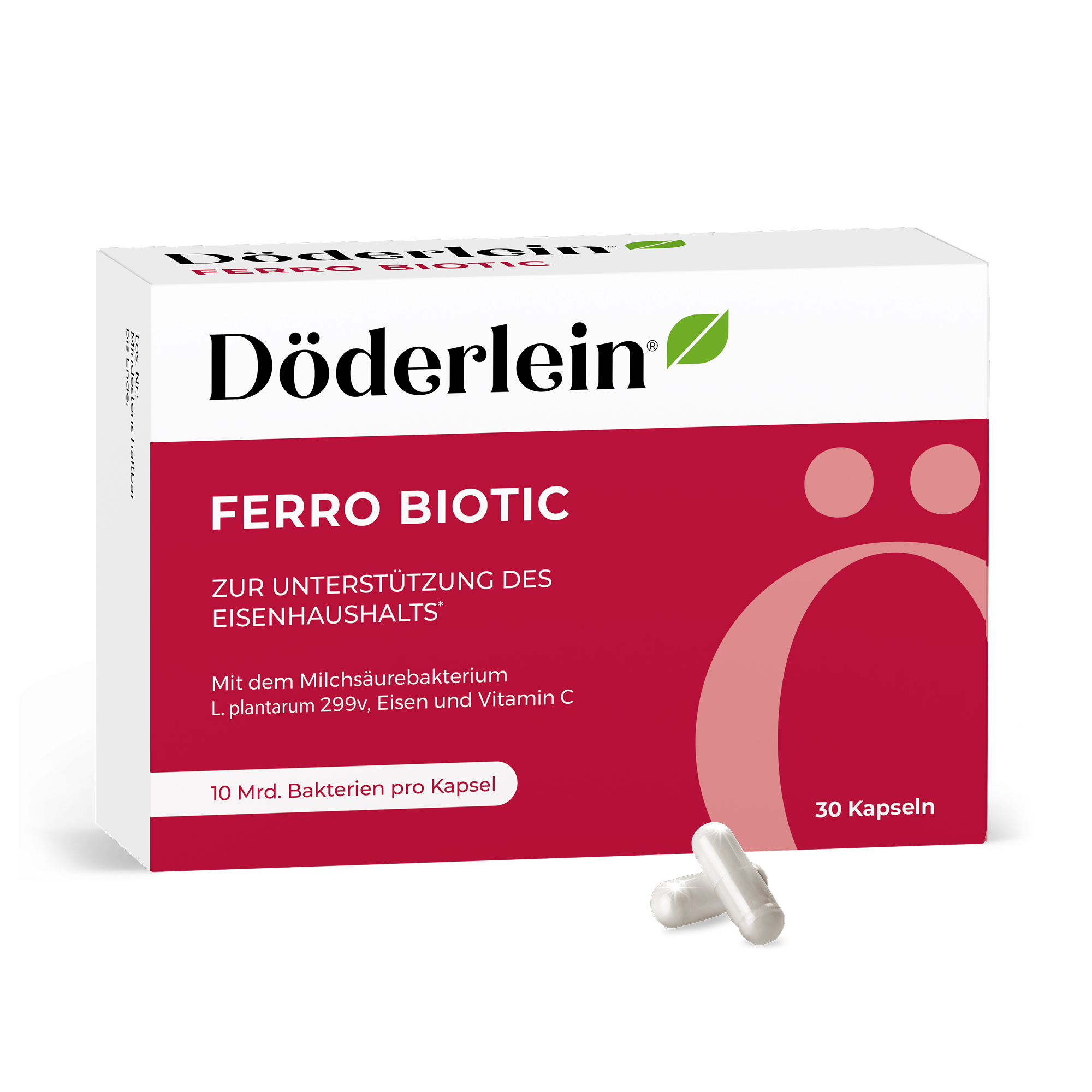 Foto von Döderlein Ferro Biotic Packung mit 30 Kapseln, dieses Eisenpräparat unterstützt die Eisenaufnahme und enthält den Milchsäurebakterienstamm LP299V, für den Nährstoff Bedarf von Frauen entwickelt
