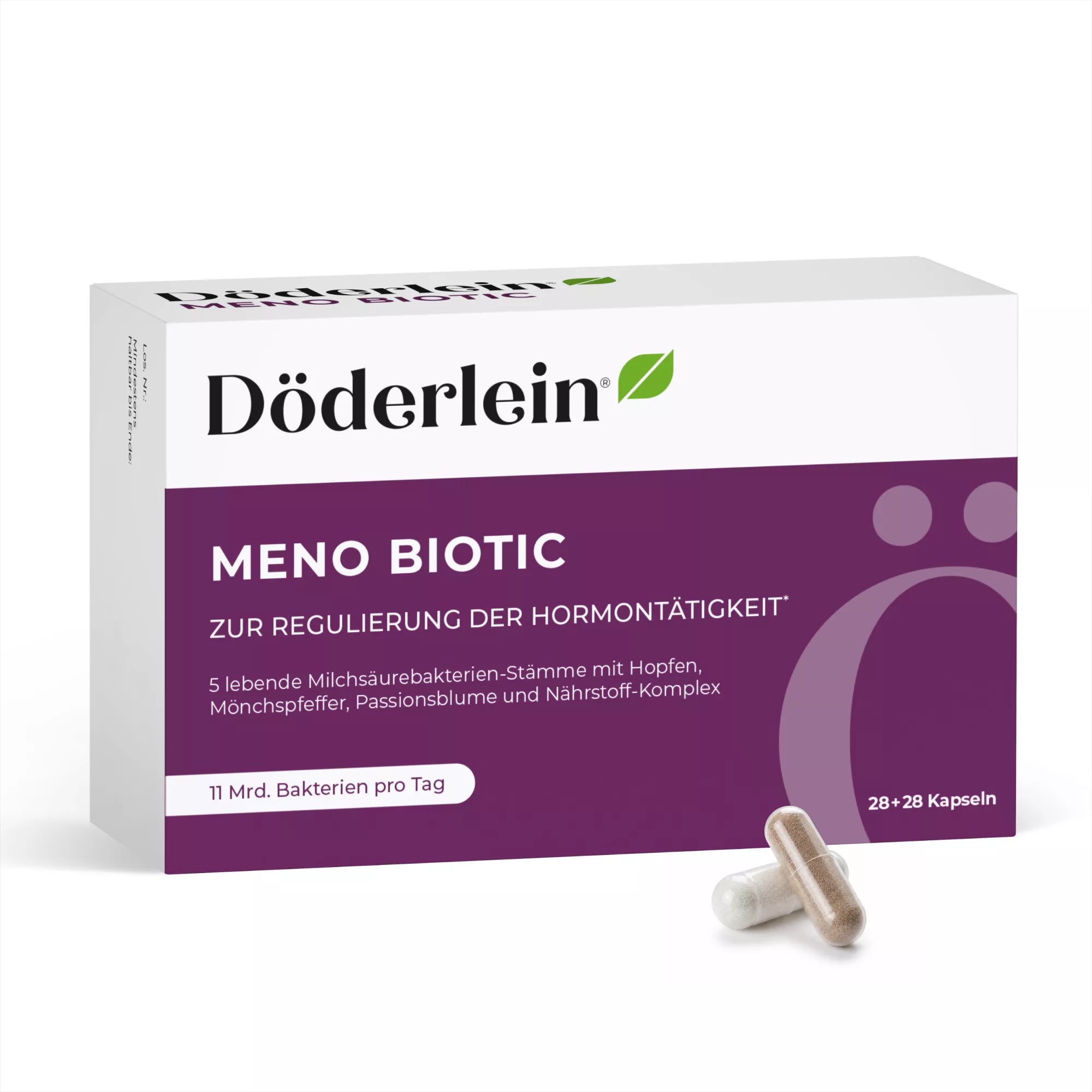 Abgebildet ist eine Packung Döderlein® Meno Biotic-Kapseln aus dem Döderlein Shop, auf der zwei Kapseln zu sehen sind. Auf der weiß-lila Verpackung sind Produktinformationen auf Deutsch angegeben und es wird darauf hingewiesen, dass jede Packung 28 Kapseln enthält. Diese Kapseln wurden speziell für die Wechseljahre entwickelt und unterstützen das weibliche Mikrobiom sowie das hormonelle Gleichgewicht.