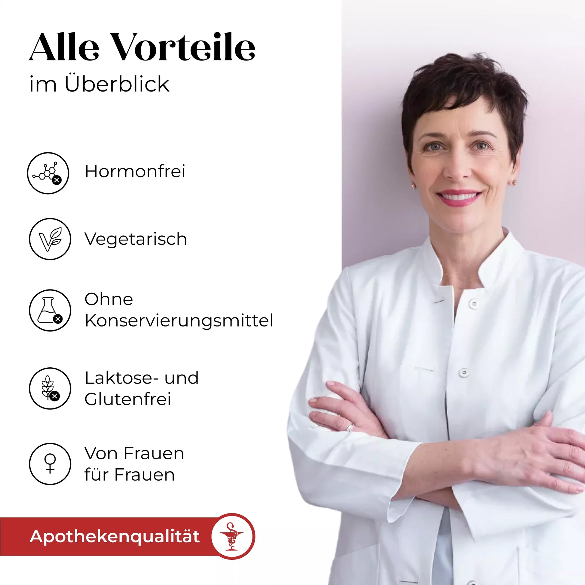 Eine Frau in einem weißen Laborkittel steht lächelnd da. Der Text listet die Vorteile von Döderlein® Meno Biotic auf: hormonfrei, vegetarisch, ohne Konservierungsstoffe, laktose- und glutenfrei, von Frauen für Frauen entwickelt. Dieses Produkt aus dem Döderlein-Shop wurde zur Unterstützung des hormonellen Gleichgewichts in den Wechseljahren entwickelt und bietet „Apothekenqualität“, wie unten hervorgehoben wird.
