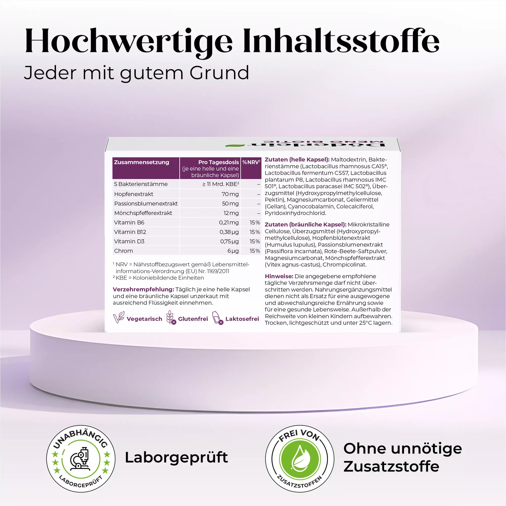 Eine Packung Döderlein® Meno Biotic aus dem Döderlein Shop mit Inhaltsstoff- und Nährwertangaben auf Deutsch, wobei die vegetarische, glutenfreie und laktosefreie Zusammensetzung hervorgehoben wird. Die Verpackung hebt die hochwertigen Inhaltsstoffe, die Laboruntersuchungen und den Verzicht auf unnötige Zusatzstoffe hervor und unterstützt gleichzeitig das hormonelle Gleichgewicht und das Mikrobiom – ideal für die Wechseljahre.
