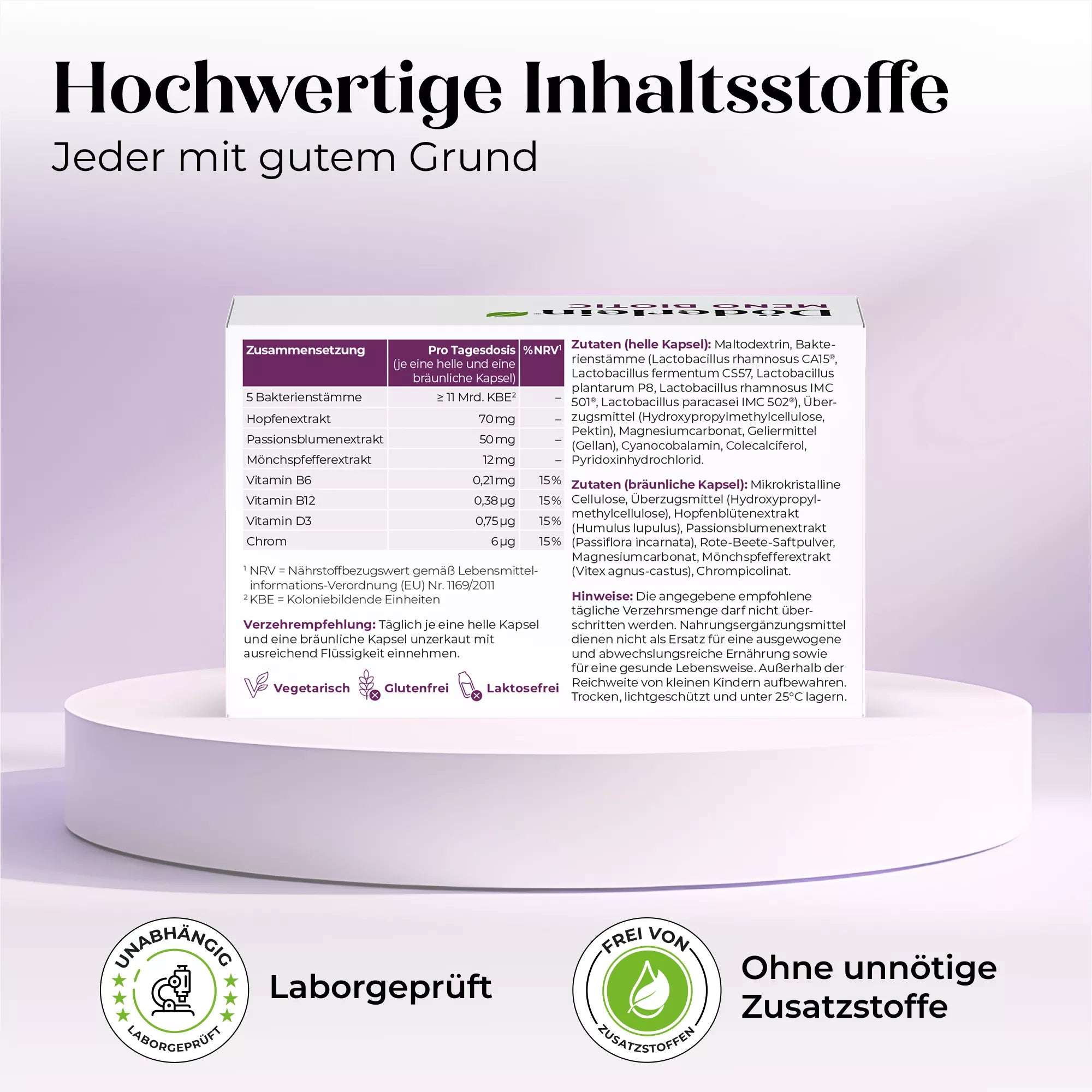 Eine Packung Döderlein® Meno Biotic aus dem Döderlein Shop mit Inhaltsstoff- und Nährwertangaben auf Deutsch, wobei die vegetarische, glutenfreie und laktosefreie Zusammensetzung hervorgehoben wird. Die Verpackung hebt die hochwertigen Inhaltsstoffe, die Laboruntersuchungen und den Verzicht auf unnötige Zusatzstoffe hervor und unterstützt gleichzeitig das hormonelle Gleichgewicht und das Mikrobiom – ideal für die Wechseljahre.