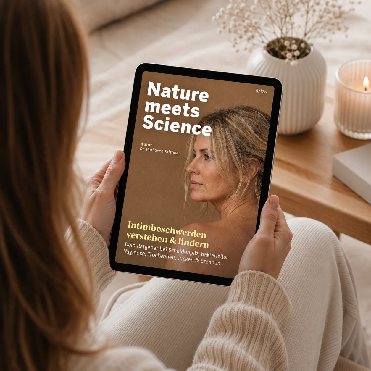 Frau liest das E-Book „Intimbeschwerden verstehen und lindern“ auf einem Tablet mit Informationen zu Scheidenpilz, bakterieller Vaginose und Scheidentrockenheit