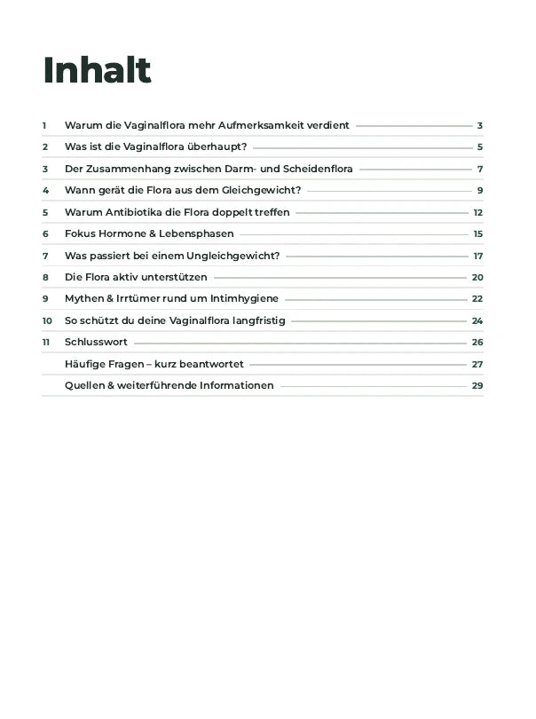 Inhaltsverzeichnis eines E-Books über Vaginalflora mit Kapiteln zu Mikrobiom, Darm- und Scheidenflora, hormonellen Veränderungen, Antibiotika, Intimhygiene, Ungleichgewicht und langfristiger Intimgesundheit