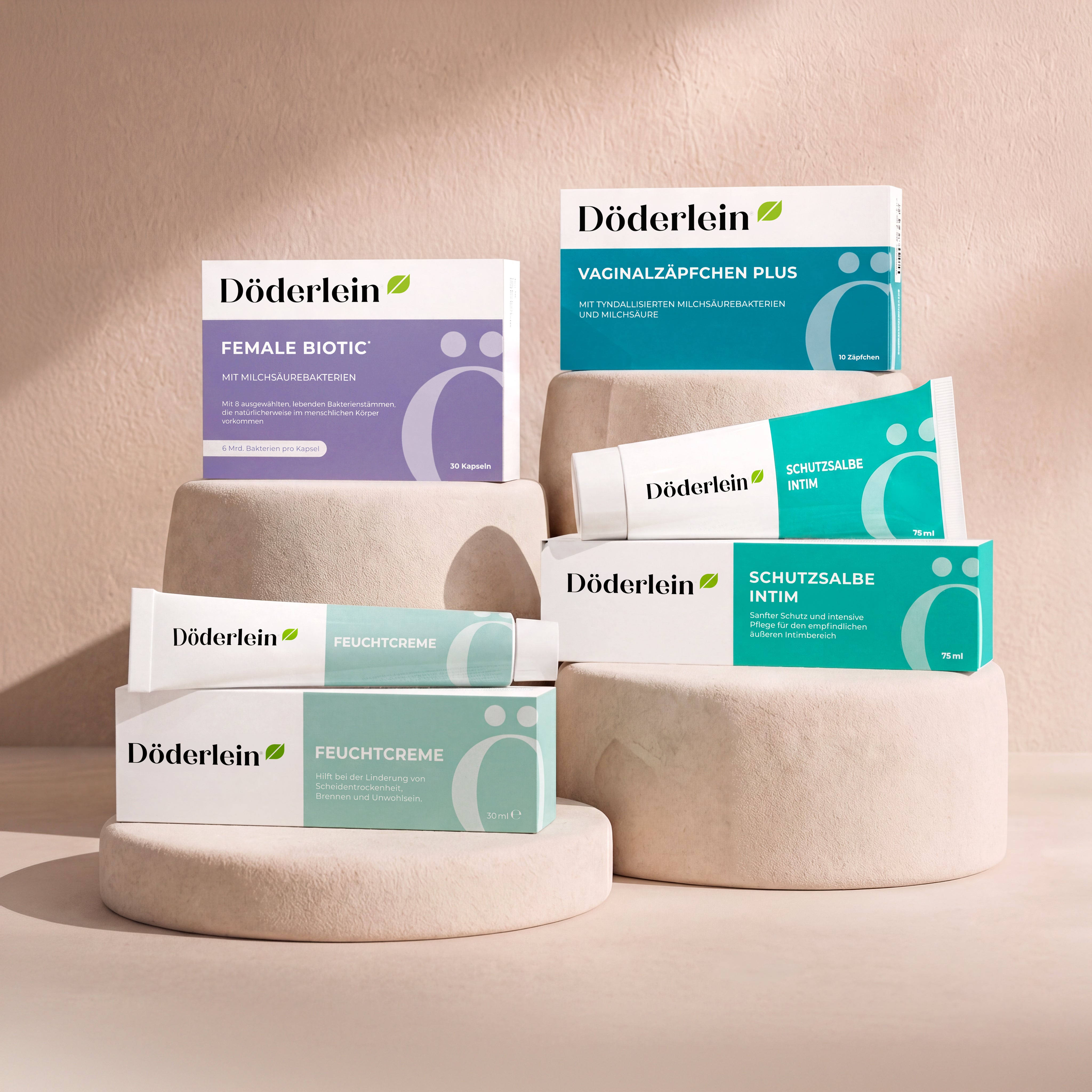 Döderlein SOS Intimkur-Set mit  Döderlei Female Biotic,  Döderlein Vaginalzäpfchen Plus,  Döderlein Feuchtcreme und  Döderlein Schutzsalbe INTIM zur täglichen Unterstützung der Intimgesundheit und unterstützt langfristig bei Beschwerden im Intimbereich