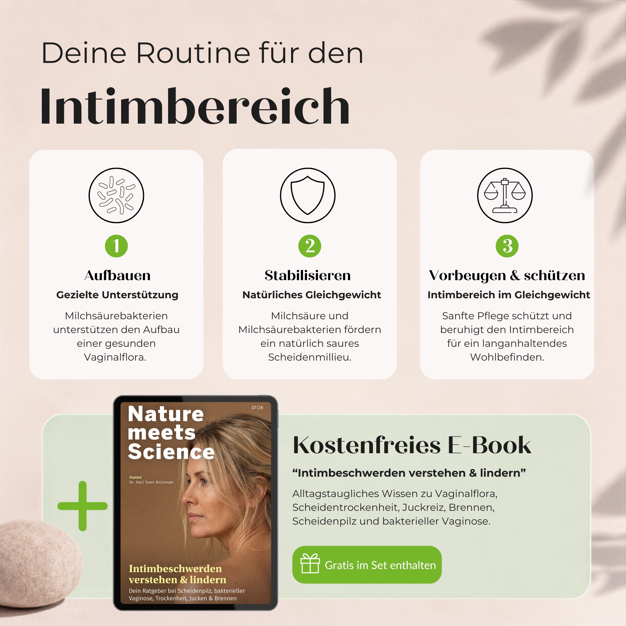 Infografik zur Intimpflege Routine in drei Schritte, die aufbaut, stabilisiert ind vorbeugt und schützt, ergänzt durch ein kostenloses E-Book zum Thema Intimbeschwerden