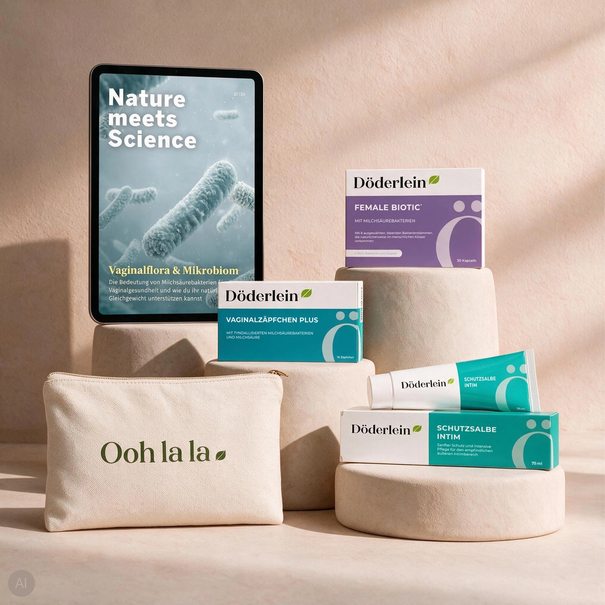 Die „Vaginalflora Aufbau-Kur“ von Döderlein, eine innovative 12-Wochen-Kur für das Intimwohlbefinden von Frauen, ist auf beigen Ständern neben einem Schild mit der Aufschrift „Nature meets Science“ präsentiert. Die überwiegend weiße Verpackung mit grünen und violetten Akzenten hebt die Intimhygieneprodukte hervor, die die Vaginalflora unterstützen und Beschwerden lindern. Im Vordergrund steht ein Cremebeutel mit der Aufschrift „Ooh la la“.