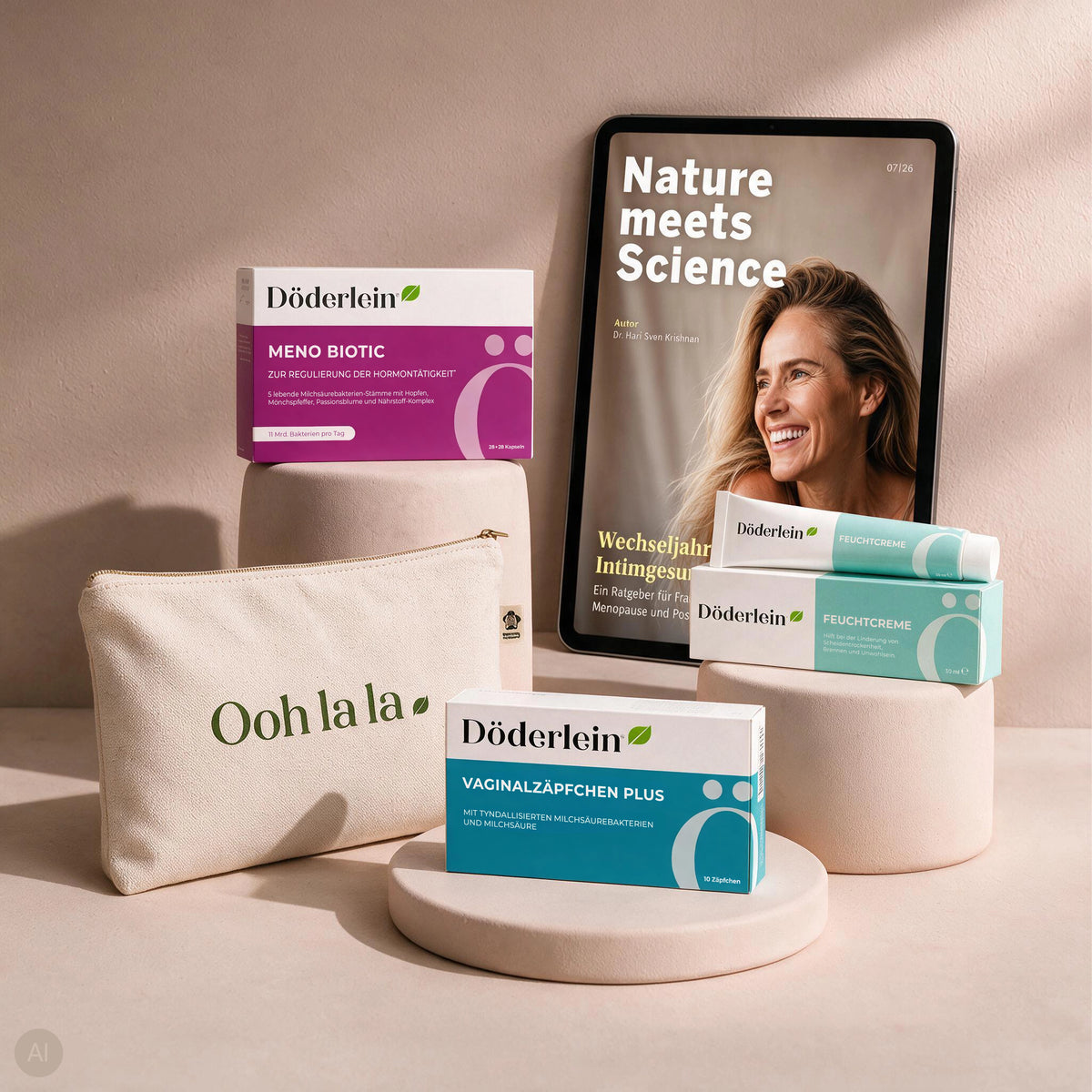Hier ist Ihr umformulierter Satz unter Verwendung der bereitgestellten Produktdaten: Das Döderlein Wechseljahre Intim-Set – bestehend aus einem weißen Reißverschlussbeutel mit der Aufschrift „Ooh la la“ sowie eine Tablette, auf deren Cover eine lächelnde Frau aus dem Magazin „Nature meets Science“ abgebildet ist – ist elegant auf beigen Podesten bei dezenter Beleuchtung arrangiert und hebt Lösungen gegen Scheidentrockenheit sowie die Unterstützung der Vaginalflora während der Wechseljahre hervor.