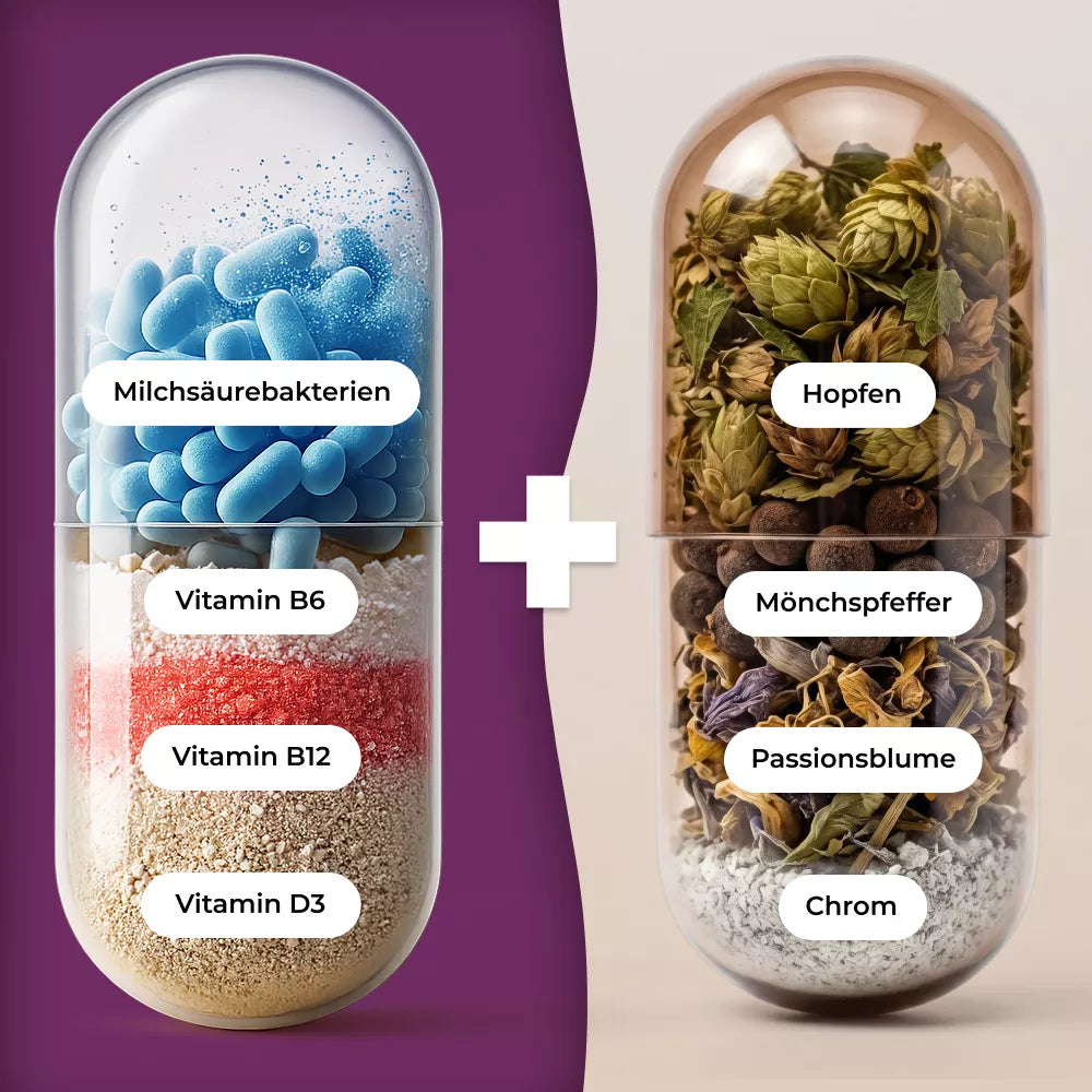 Zwei große durchsichtige Kapseln: Die eine ist mit blauen Tabletten und körnigem Pulver gefüllt, die mit „Vitamine“ beschriftet sind, die andere enthält getrocknete Pflanzen und Kräuter, jeweils mit den Inhaltsstoffen auf Deutsch beschriftet, vor einem violett-beigen Hintergrund.