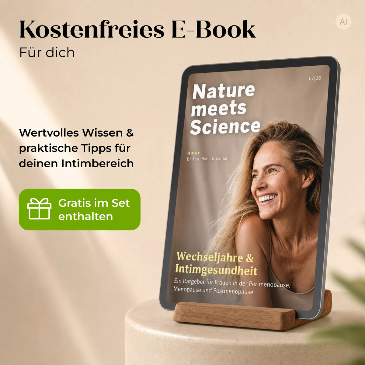 Auf einem Tablet wird ein E-Book mit dem Titel „Nature meets Science“ angezeigt, auf dessen Cover eine lächelnde Frau zu sehen ist. Ein deutscher Text wirbt für ein kostenloses E-Book zu den Themen Wechseljahre, Scheidentrockenheit und Vaginalflora – mit Schwerpunkt auf den Wechseljahren und der Intimgesundheit –, das im Döderlein-Wechseljahre-Intim-Set enthalten ist und durch ein grünes Etikett mit der Aufschrift „Gratis im Set enthalten“ hervorgehoben wird.
